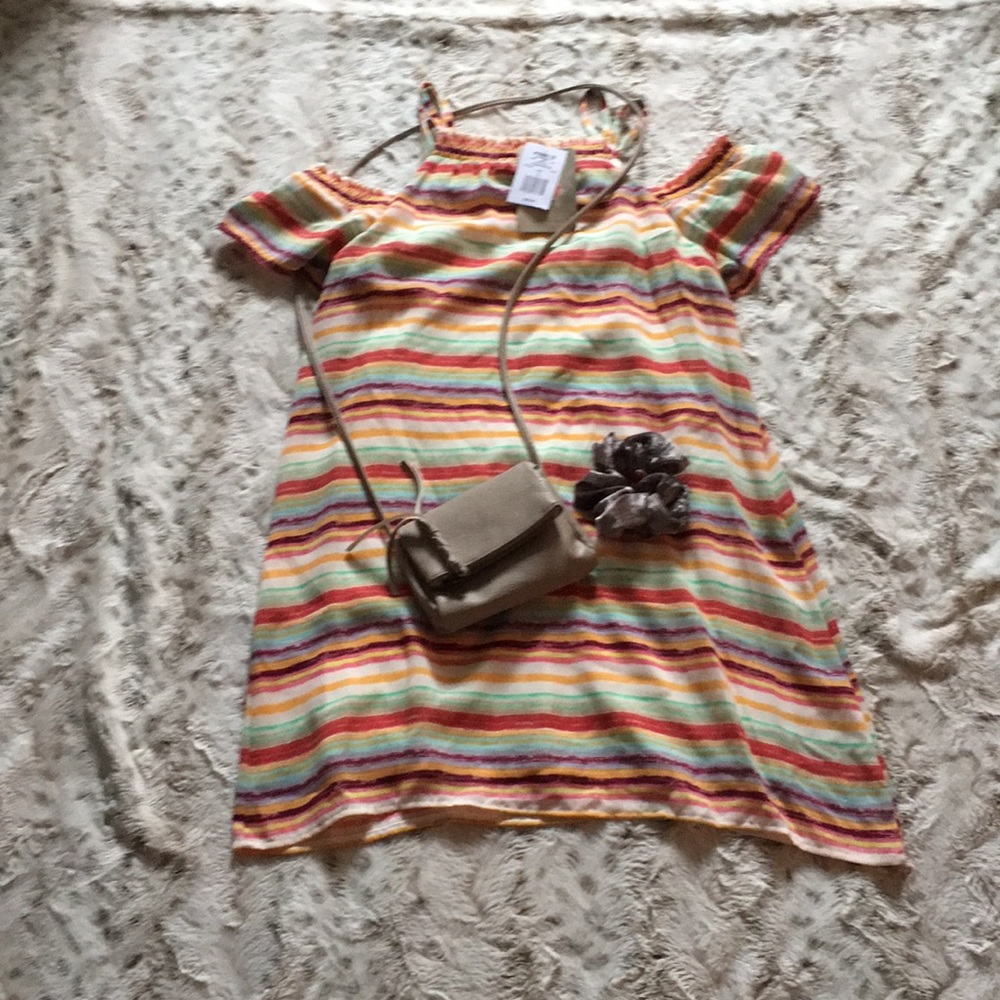 Rainbow striped cut out shoulder dress